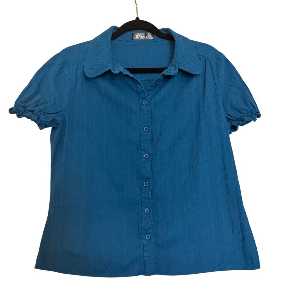 Allegra K Women’s M Blue Cotton Blouse Puff Sleeve Ruffle Button Front Top